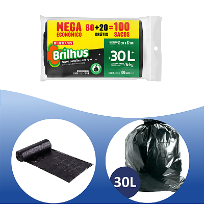 Sacos para Lixo 30L 100 Unidades Brilhus 6kg Preto