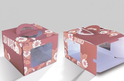 Embalagem Caixa para Bolo Alto c/ Alça e Visor (28,5 x 28,5 x 20 cm) Personalizada