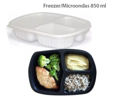 Embalagem Marmita de Plastico freezer microondas c/ 3 divisórias e tampa (850ml)  - 100 unidades