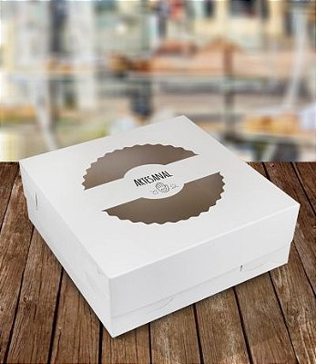 Embalagem p/ torta em Papel Triplex Branco com visor acetato (22 x 22 x 8 cm) tampa e fundo separados - 10 unidades