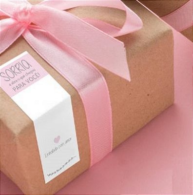 Etiqueta Adesivo Lacre Para Embalagem (9 x 3,5 cm) Sorria Rosa e Branca- 1 mil