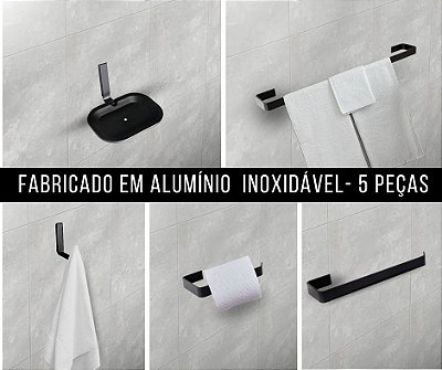 Kit 5 Peças para Banheiro em Alumínio Preto Fosco Inoxidável – Design Moderno