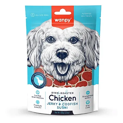 PETISCO PARA CAO WANPY SUSHI FRANGO E BACALHAU 100G