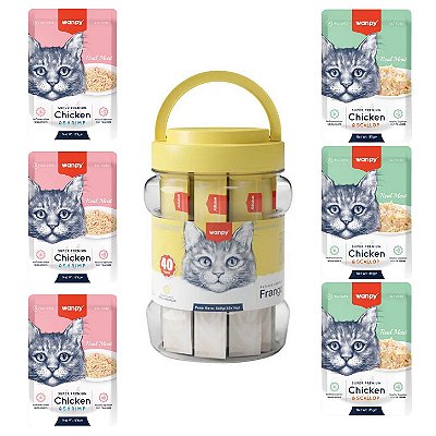 Kit Wanpy Petiscos para Gatos Pote Creamy 560g + 6 Sachês 85g