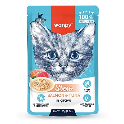 Petisco Para Gato Wanpy Sachê Stew Para Filhotes Sabor Salmão e Atum 70g