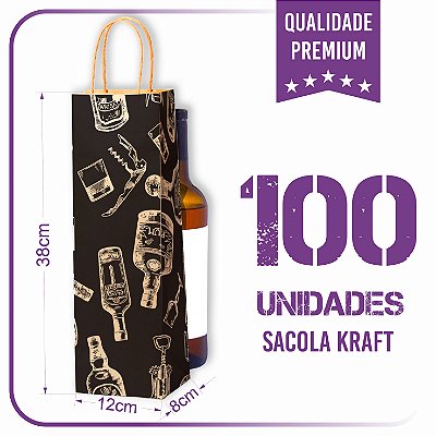 Sacolas Kraft Para Bebidas, Vinho - Modelo Preto (100 Unidades)