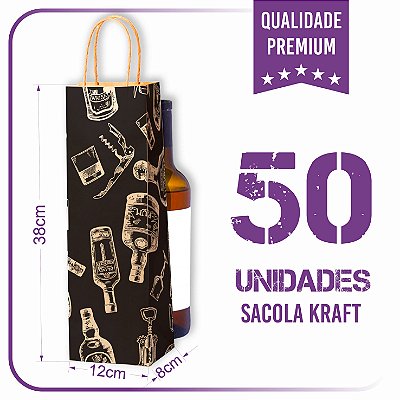 Sacolas Kraft Para Bebidas, Vinho - Modelo Preto (50 Unidades)