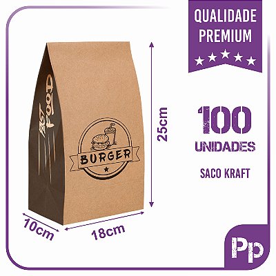 Sacos Kraft Para Delivery - PP (18x10x25) - 100 unidades - Modelo Burger