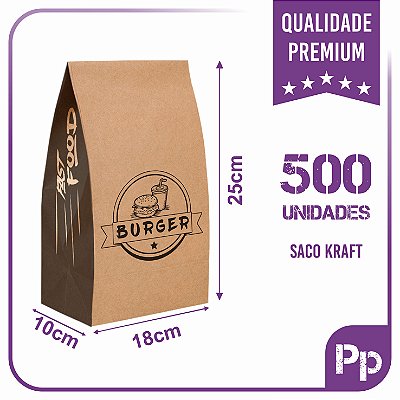 Sacos Kraft Para Delivery - PP (18x10x25) - 500 unidades - Modelo Burger
