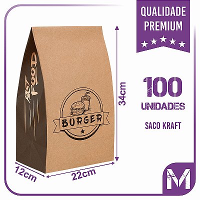 Sacos Kraft Para Delivery - M (22x12x34) - 100 unidades - Modelo Burger