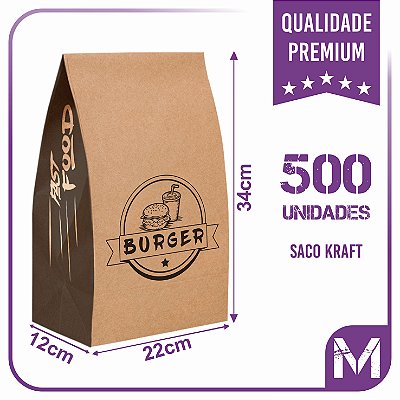Sacos Kraft Para Delivery - M (22x12x34) - 500 unidades - Modelo Burger