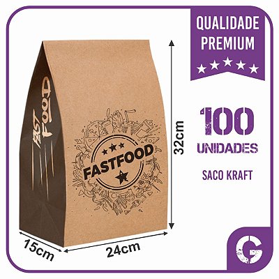 Saco Kraft FastFood Delivery - G (24x15x32) - 100 unidades