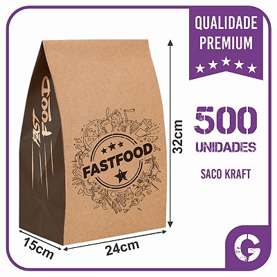 Sacos Kraft Para Delivery - G (24X15X32) - 500 unidades - Modelo FastFood