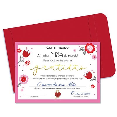Cartão Certificado Melhor Mãe e Gratidão