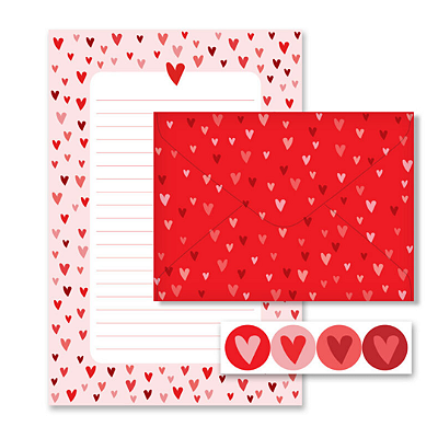 Papel de Carta Fina Ideia Corações 15,5x23cm – 4 unid. com Envelopes e Adesivos