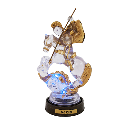 Imagem São Jorge plástico transparente - LED muda de cor - Base cor ouro velho - A Peça - Ref.: LED. RGB /B.O.V.