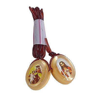 Escapulário Cordão de Silicone do Sagrado Coração de Jesus e Nossa Senhora do Carmo - Creme - A Dúzia - Cód.: 3447