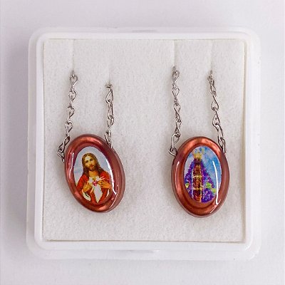 Escapulário Sagrado Coração de Jesus e Nossa Senhora Aparecida - Marrom Escuro - Pacote com 6 Peças - Cód.: 6353