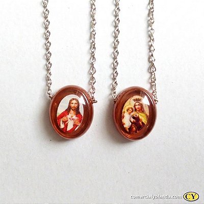 Escapulário Sagrado Coração de Jesus e Nossa Senhora do Carmo - Marrom Escuro - Pacote com 6 Peças - Cód.: 7305