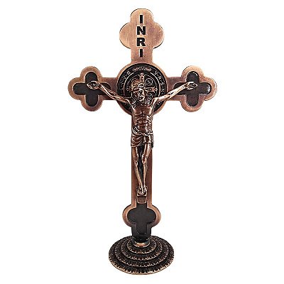Cruz de Mesa em Metal com Medalha de São Bento - Cor Cobre - 22,5 cm - A Peça - Cód.: 4276