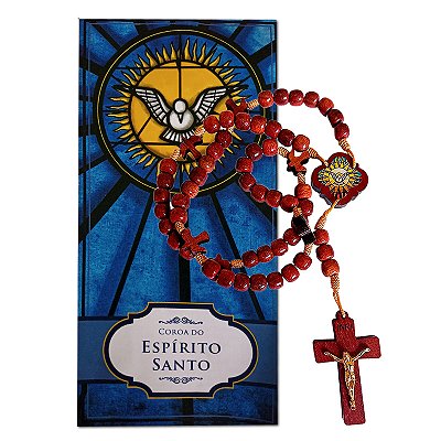 Terço em madeira do Divino Espírito Santo com Folheto de Oração - Pacote com 3 peças - Cód.: 9071