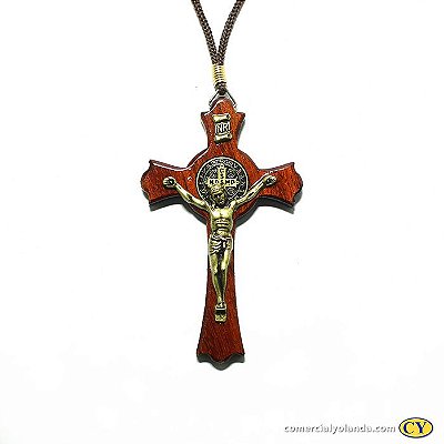 Cruz de São Bento em Madeira 9 cm, no cordão - O Pacote com 6 Peças - Cód.: 1133