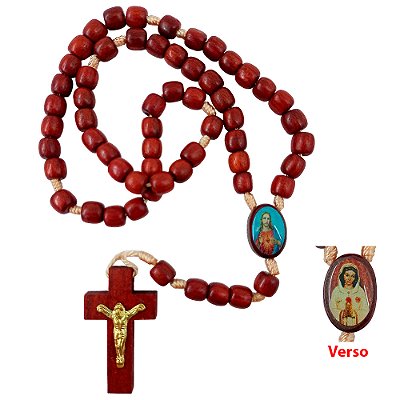 Terço em Madeira do Sagrado Coração de Jesus e Rosa Mística - Entremeio Oval - Pacote com 6 Peças - Cód.: 0893