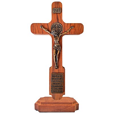 Cruz de Mesa e Parede em Madeira com Medalha e Oração de São Bento - 20 cm - A Peça - Cód.: 8087