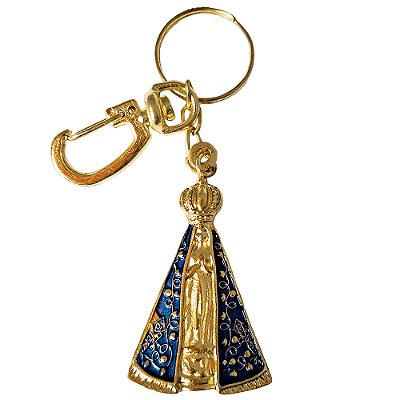Chaveiro de Nossa Senhora Aparecida em Metal - Cor Dourada e Azul - Pacote com 3 Peças - Cód.: 5301