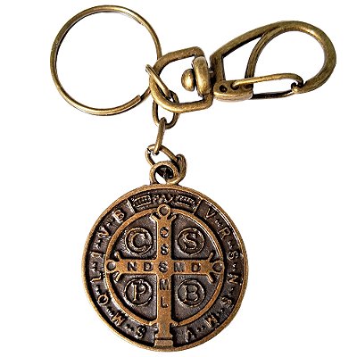Chaveiro em Metal Medalha de São Bento - Cor "Ouro Velho" - Com Mosquetão - Pacote com 6 Peças - Cód.: 5440