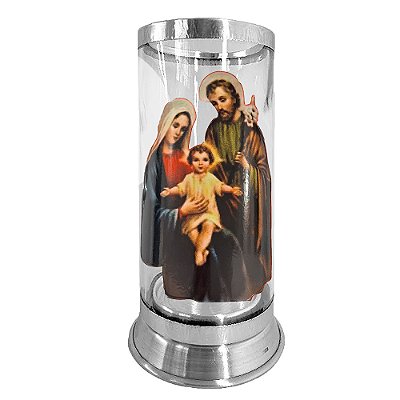 Castiçal para vela de 7 dias GG - Com Imagem da Sagrada Família - em Vidro e alumínio - A Peça - Cód.: 8889