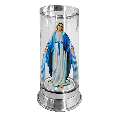 Castiçal para vela de 7 dias GG - Com Imagem de Nossa Senhora das Graças - em Vidro e alumínio - A Peça - Cód.: 8889