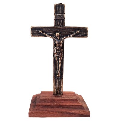 Mini Cruz de Mesa em Metal com Base em Madeira - 9 cm - O Pacote com 3 Peças - Cód.: 9926