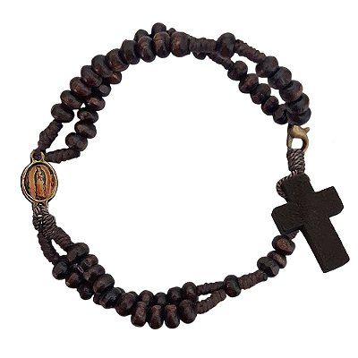 Terço Pulseira em Madeira com Fecho - Nossa Senhora de Guadalupe - Medalha Oval - A Dúzia - Cód.: 9219
