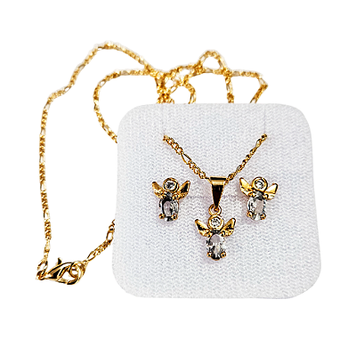 Conjunto de Brincos e Corrente Dourada Anjos com Zircônia - A Peça - Cód.: 8212