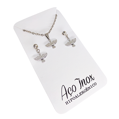 Conjunto Brincos e Colar do Divino Espirito Santo em Aço Inox - O Pacote com 3 Peças - Cód.: 9868