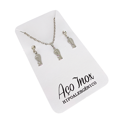 Conjunto Brincos e Colar de Nossa Senhora das Graças em Aço Inox - O Pacote com 3 Peças - Cód.: 9868
