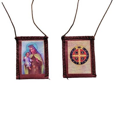 Escapulário Nossa Senhora do Carmo e Medalha de São Bento - em Tecido e com Folheto de Oração - A dúzia - Cód.: 276