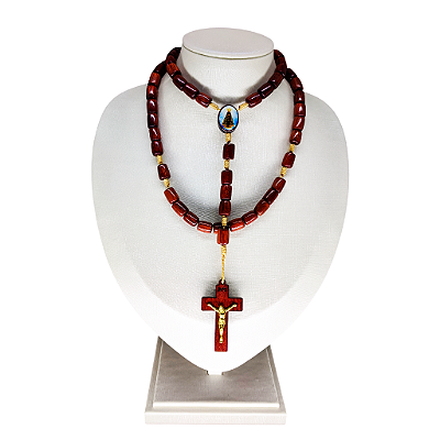 Terço Colar de Madeira com Entremeio Resinado de Nossa Senhora Aparecida e Sagrado Coração de Jesus - Pacote com 6 Peças - Cód.: 2196
