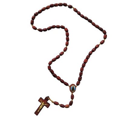 Terço Colar de Madeira com Entremeio Resinado de Nossa Senhora Aparecida e Sagrado Coração de Jesus - Pacote com 6 Peças - Cód.: 2196