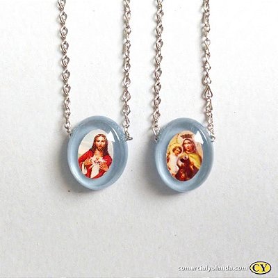 Escapulário Sagrado Coração de Jesus e Nossa Senhora do Carmo - Azul - Pacote com 6 Peças - Cód.: 7306