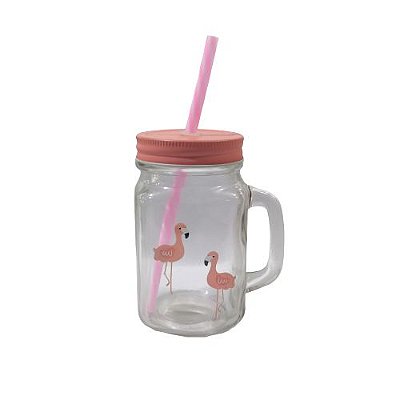 Caneca de Vidro, com Canudo na Cor Rosa - A Unidade - Cód.: 0121