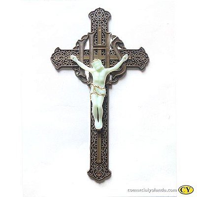 Crucifixo em plástico cor ouro velho com Cristo fosforescente  - Pacote com 3 peças - Ref.: IP.CR.13