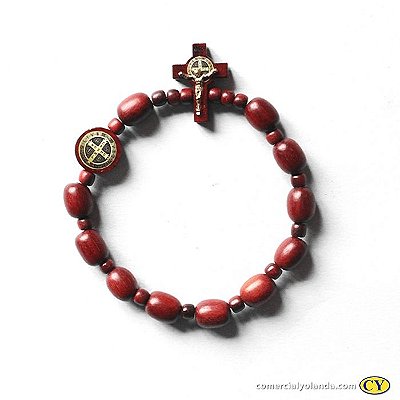 Pulseira São Bento em Madeira com Medalha Resinada e Crucifixo com Cristo - A dúzia -Cód.: 9055