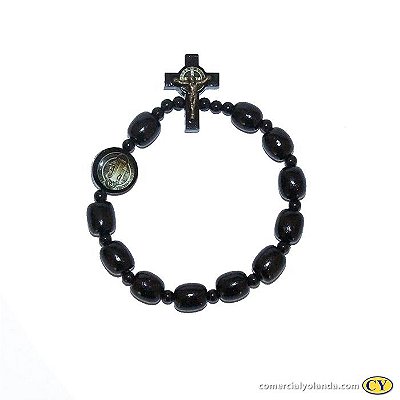 Pulseira São Bento em Madeira com Medalha Resinada e Crucifixo com Cristo - A Dúzia - Cód.: 6128