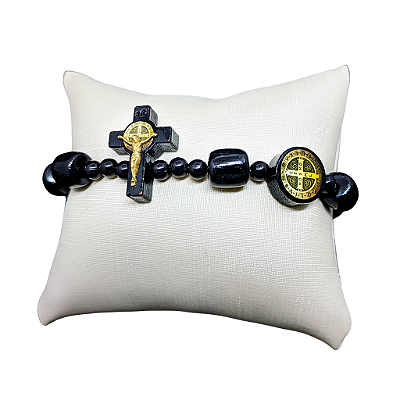 Pulseira São Bento em Madeira com Medalha Resinada e Crucifixo com Cristo - A Dúzia - Cód.: 6128
