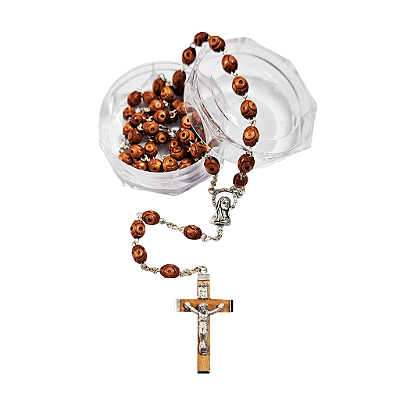 Terço em Madeira Entremeio em Metal e Cruz com Cristo feito na Corrente - Com Caixa - A Peça - Cód.: 8036