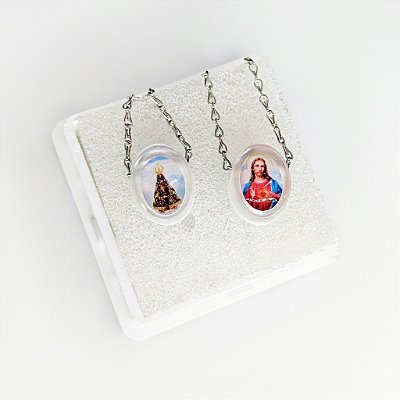 Escapulário Sagrado Coração de Jesus e Nossa Senhora Aparecida - Branco - Pacote com 6 Peças - Cód.: 6353