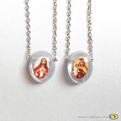Escapulário Sagrado Coração de Jesus e Nossa Senhora do Carmo - Branco - Pacote com 6 Peças - Cód.: 6353
