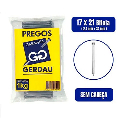 Prego Polido sem Cabeça 17x21 1kg - GERDAU